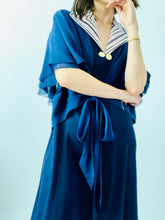 Load image into Gallery viewer, Vintage 1930s navy blue silk top w ribbon ties

