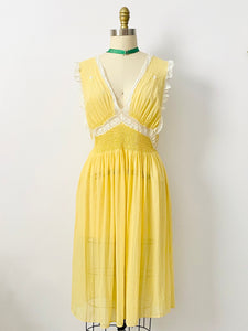 Vintage 1940s yellow hand smocked silk lingerie dress
