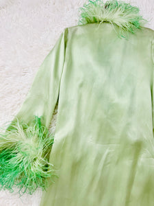 Vintage 1920s green satin robe w ostrich feathers