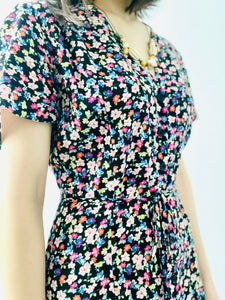 Vintage colorful floral rayon dress w waist ties