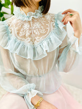 Load image into Gallery viewer, Vintage 1970s Pastel Blue Ruffled Blouse w Tulle lace
