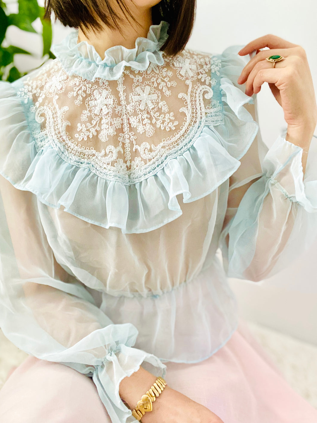 Vintage 1970s Pastel Blue Ruffled Blouse w Tulle lace