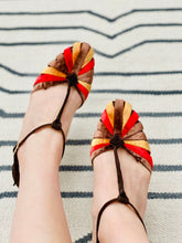 Load image into Gallery viewer, model wearing vintage 1930s style velvet NINE WEST shoes fall colors
