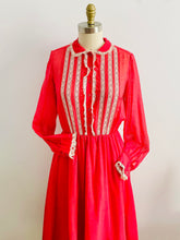 Load image into Gallery viewer, vintage 1970s red lace dress with peter pan collar  on mannequin
