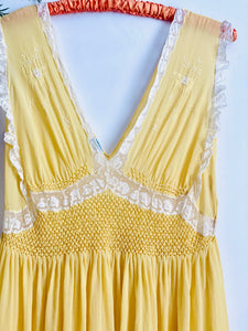 Vintage 1940s yellow hand smocked silk lingerie dress