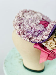 Vintage 1930s lilac blossom millinery hat with pink ribbon