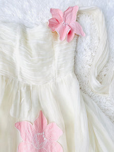 Vintage Late 1940s white organza dress with pink embroidered flowers