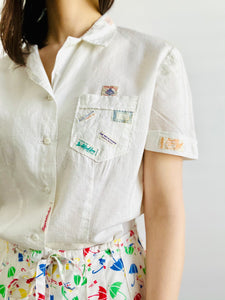 Vintage 1940s white cotton top with embroidered vintage labels