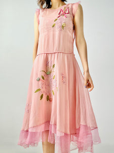 Vintage 1920s lilac color silk dress with ribbonwork