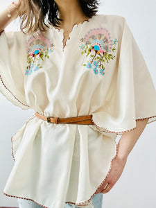 Vintage white embroidered peacock top