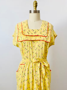 Rare 1940s yellow floral novelty print wrap dress