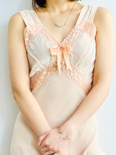 Load image into Gallery viewer, 1930s Peach Color Bias Cut Lingerie Gown with Eyelet Lace Ribbon Bow
