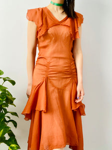 Vintage 1920s orange silk chiffon ruched dress w ribbon bow