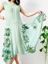 Load image into Gallery viewer, Vintage 1920s green silk dress with ruched velvet flowers
