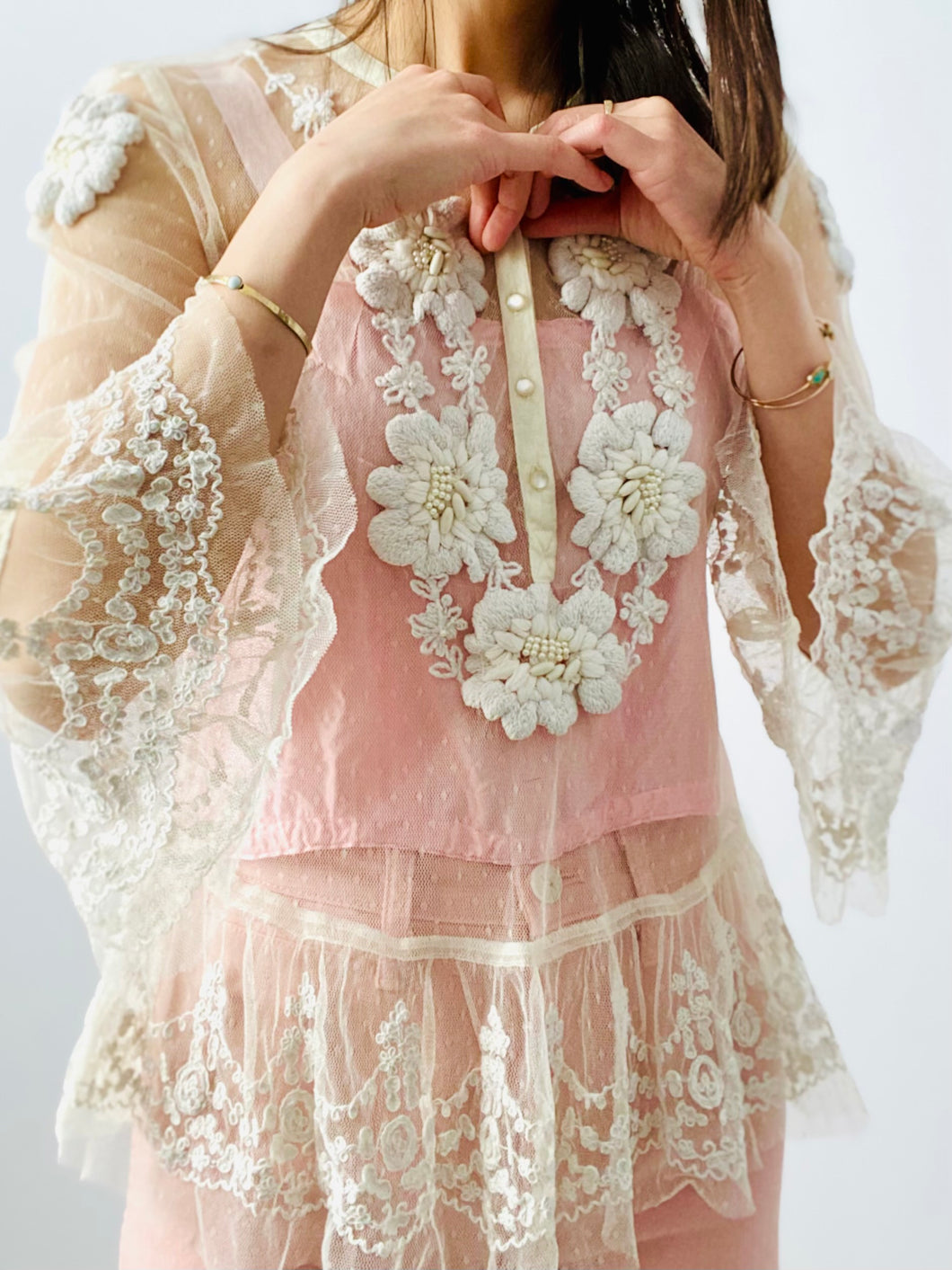 Vintage tulle lace blouse w beaded embroidery