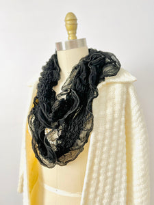 Vintage black ruched silk scarf