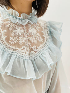 Vintage 1970s Pastel Blue Ruffled Blouse w Tulle lace
