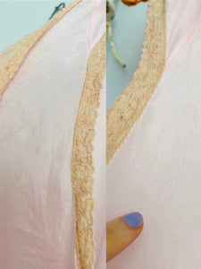 1930s Pink Lace Rayon Lingerie Night Gown with Ribbon Flower
