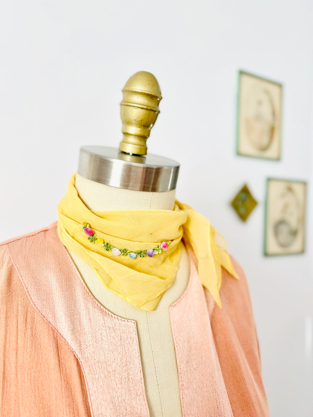 Vintage yellow silk scarf with ribbonwork