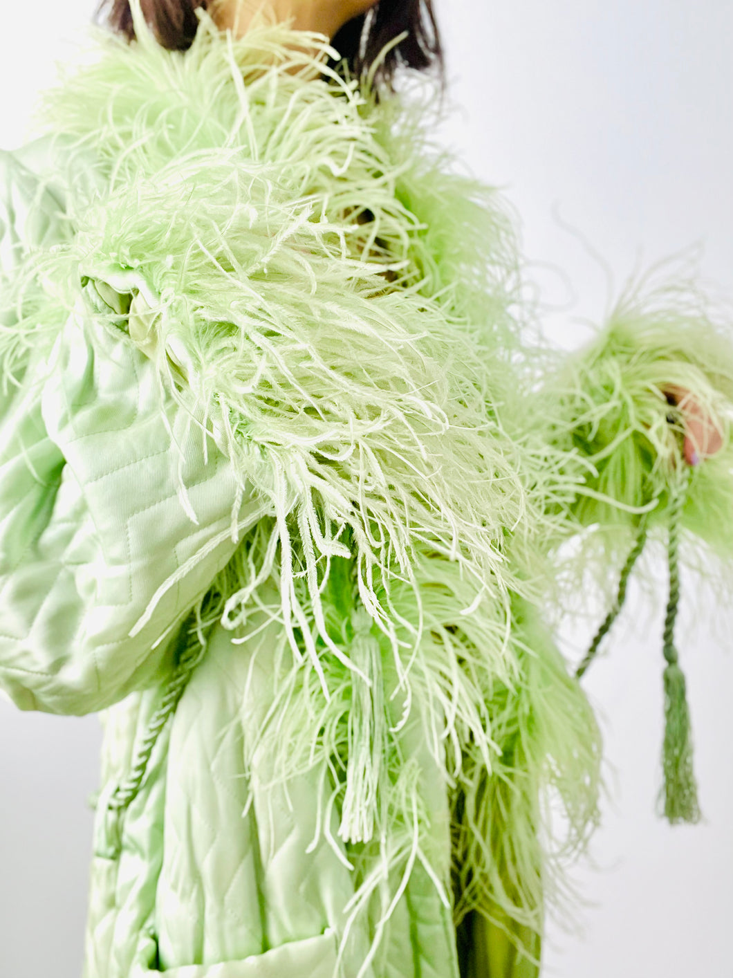 Vintage 1920s green boudoir robe w ostrich feathers