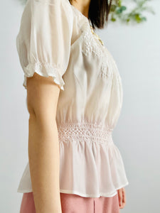 Vintage white Hungarian peasant top with embroidery and smocking