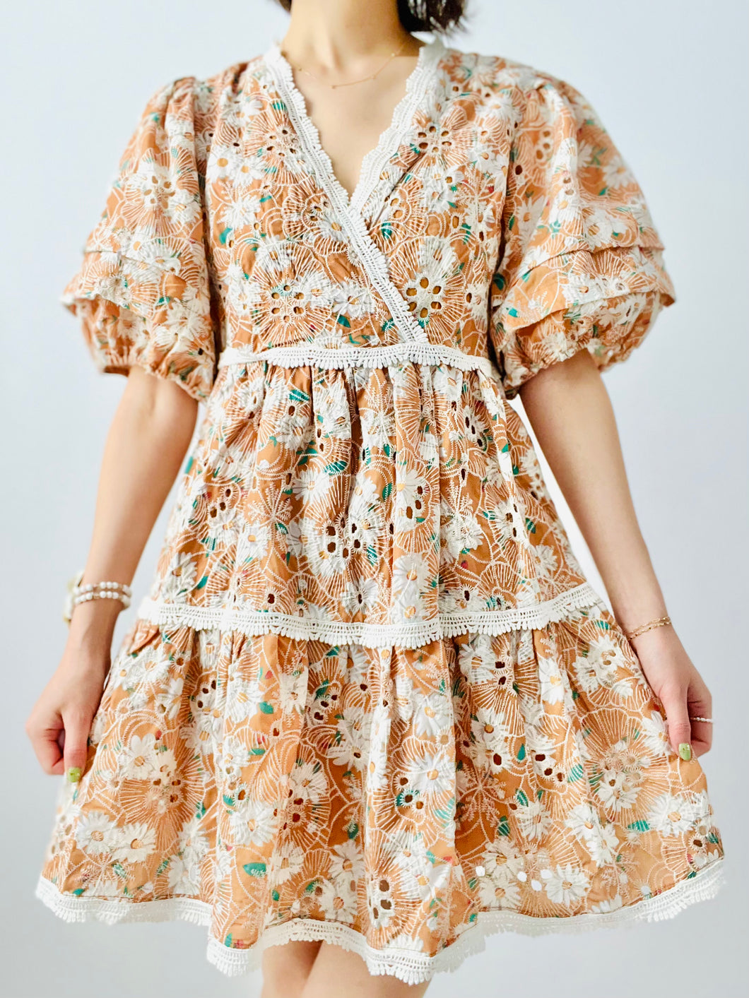 Pastel daisy floral embroidered dress