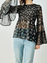 Load image into Gallery viewer, Black floral blouse with bell sleeves
