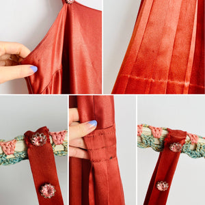 Vintage 1920s rust color silk satin pleated dress drop waist