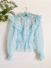 Load image into Gallery viewer, Vintage 1970s Pastel Blue Ruffled Blouse w Tulle lace
