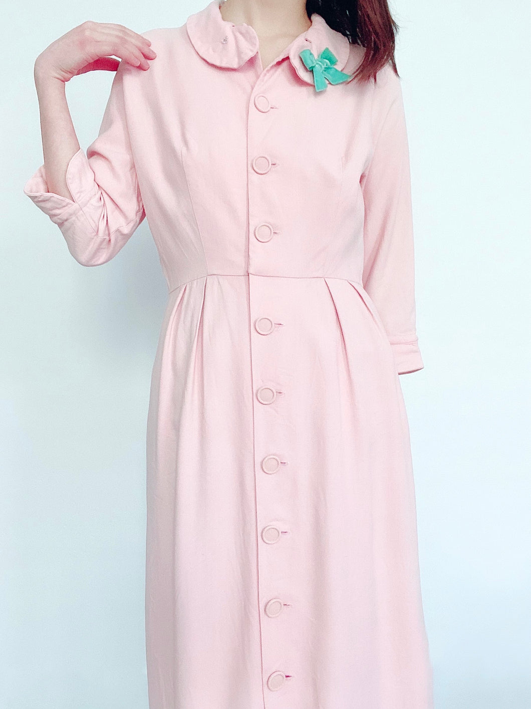 Vintage 1940s Pastel Pink Buttoned Up Dress w Blue Velvet Bow