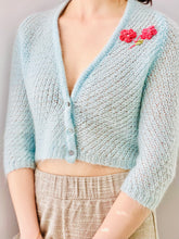 Load image into Gallery viewer, Pastel Blue Cropped Sweater w Embroidered Flowers Vintage Cardigan
