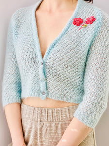 Pastel Blue Cropped Sweater w Embroidered Flowers Vintage Cardigan
