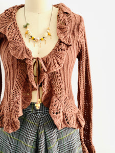 Vintage Caramel Color Crochet Cardigan with Scalloped Flounce