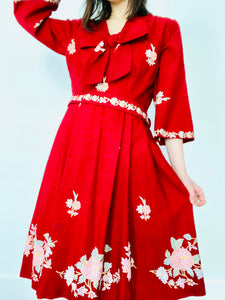 Vintage 1949s Red Embroidered Dress Oversized Ribbon Bow