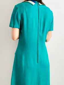 Vintage 1960s emerald green embroidered linen dress