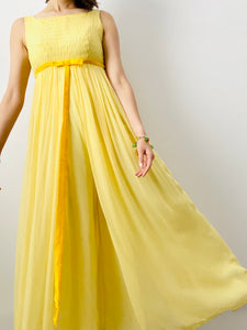 Vintage yellow ruched silk wide leg jumpsuit