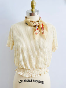 Vintage Beige Color Semi Sheer Striped Top Ruched Waist