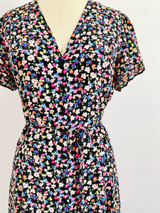 Vintage colorful floral rayon dress w waist ties