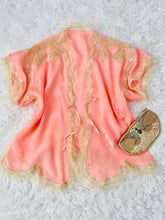 Load image into Gallery viewer, 1920s Pink Silk Lace Bed Jacket with Ribbon Ties Lingerie Top
