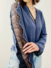 Load image into Gallery viewer, Blue rayon top with lace sleeves
