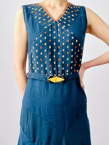 Vintage 1920s Art Deco blue embroidered flapper dress