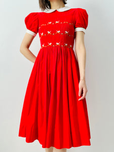 Vintage 1950s red embroidered cotton dress