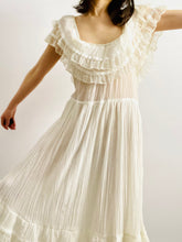 Load image into Gallery viewer, 1970s white cotton gauze tulle lace ruffled dress
