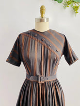 Load image into Gallery viewer, 1950s Brown Striped Dress with Buttons Fall Dress Matching Belt
