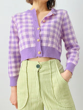Load image into Gallery viewer, Purple plaid cropped cardigan top
