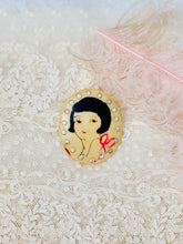 Load image into Gallery viewer, antique 1920s flapper girl celluloid brooch with rhinestones 
