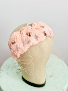 Vintage pink feather fascinator with veil bridal headpiece