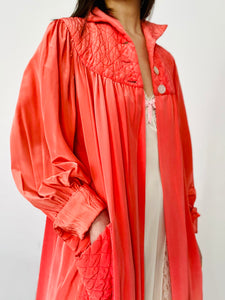Vintage 1940s coral color rayon dressing robe quilted pockets