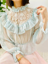 Load image into Gallery viewer, Vintage 1970s Pastel Blue Ruffled Blouse w Tulle lace
