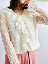Load image into Gallery viewer, Vintage 1970s tulle lace blouse with ruffled collar and sleeves
